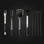 The HexClad BBQ Tool Set, 8pc, against a black background.
