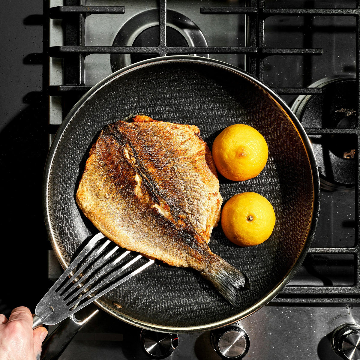 Cooking lemon and fish in the HexClad 12' frying pan
