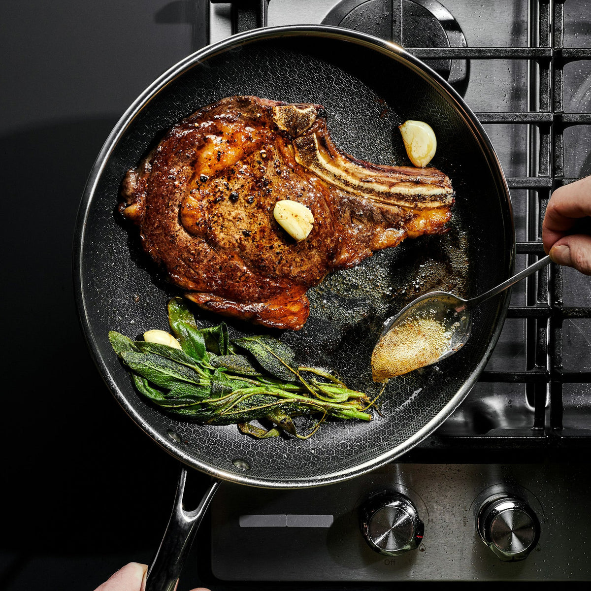 Cooking ribeye steak in HexClad hybrid fry pan